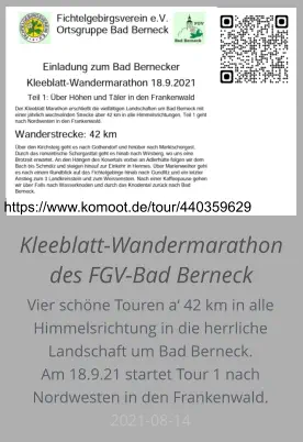 Kleeblatt-Wandermarathon des FGV-Bad Berneck https://www.komoot.de/tour/440359629 Vier schöne Touren a‘ 42 km in alle  Himmelsrichtung in die herrliche Landschaft um Bad Berneck. Am 18.9.21 startet Tour 1 nach Nordwesten in den Frankenwald.  2021-08-14